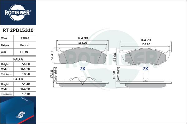 Rotinger RT 2PD15310 - Тормозные колодки, дисковые, комплект unicars.by