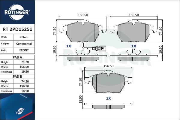 Rotinger RT 2PD15251 - Тормозные колодки, дисковые, комплект unicars.by