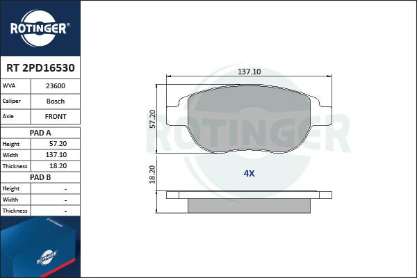 Rotinger RT 2PD16530 - Тормозные колодки, дисковые, комплект unicars.by