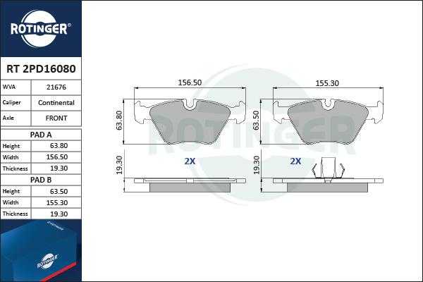 Rotinger RT 2PD16080 - Тормозные колодки, дисковые, комплект unicars.by