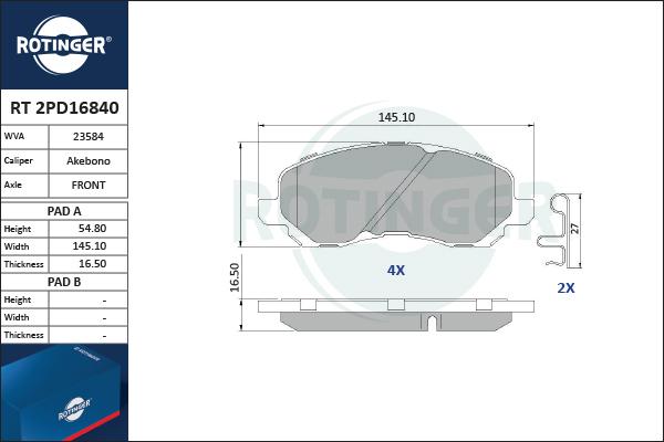 Rotinger RT 2PD16840 - Тормозные колодки, дисковые, комплект unicars.by