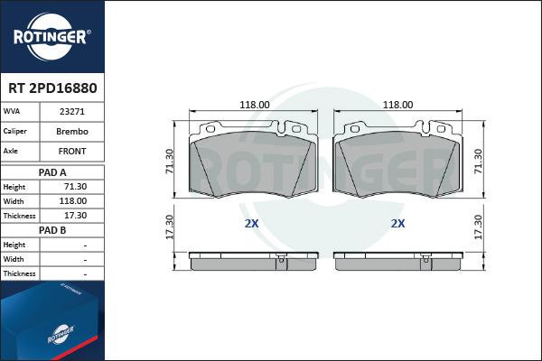 Rotinger RT 2PD16880 - Тормозные колодки, дисковые, комплект unicars.by