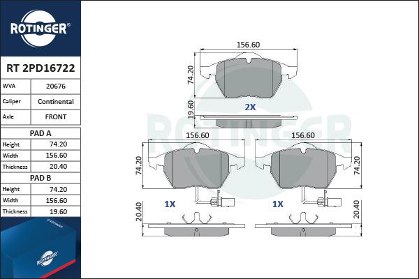 Rotinger RT 2PD16722 - Тормозные колодки, дисковые, комплект unicars.by