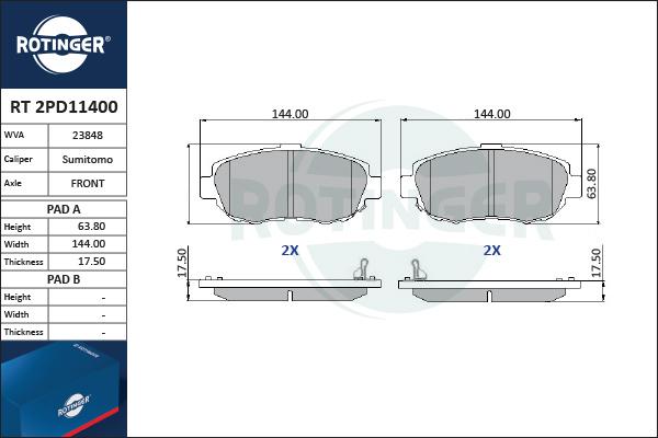 Rotinger RT 2PD11400 - Тормозные колодки, дисковые, комплект unicars.by