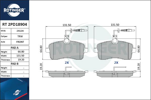 Rotinger RT 2PD18904 - Тормозные колодки, дисковые, комплект unicars.by