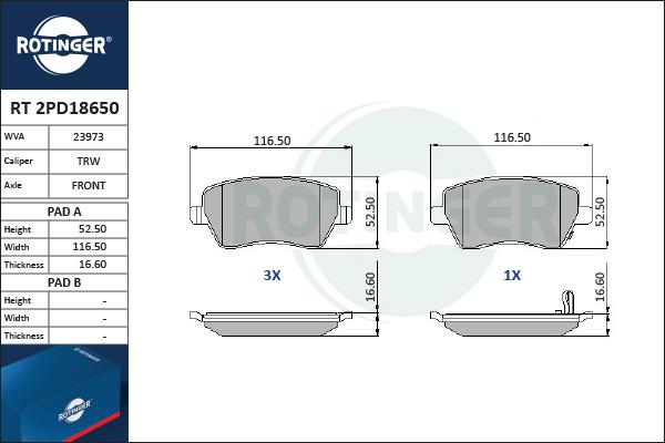 Rotinger RT 2PD18650 - Тормозные колодки, дисковые, комплект unicars.by