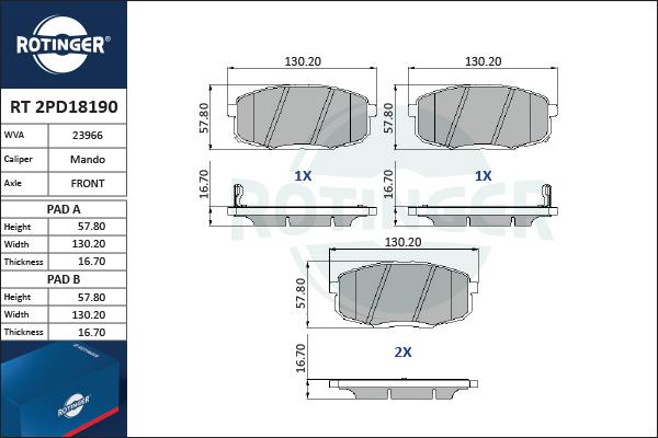 Rotinger RT 2PD18190 - Тормозные колодки, дисковые, комплект unicars.by