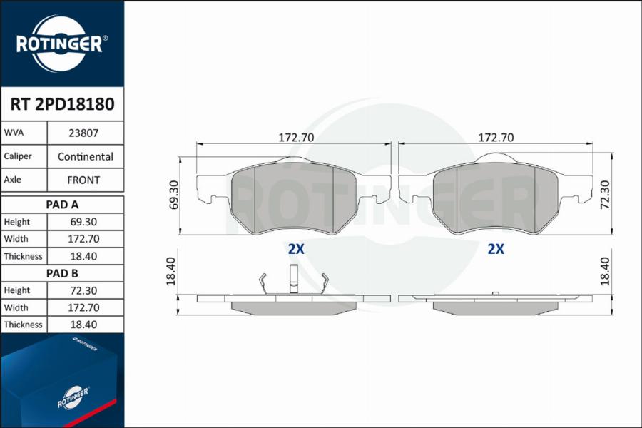 Rotinger RT 2PD18180 - Тормозные колодки, дисковые, комплект unicars.by