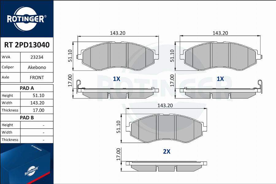 Rotinger RT 2PD13040 - Тормозные колодки, дисковые, комплект unicars.by