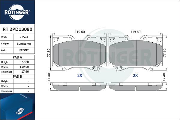 Rotinger RT 2PD13080 - Тормозные колодки, дисковые, комплект unicars.by