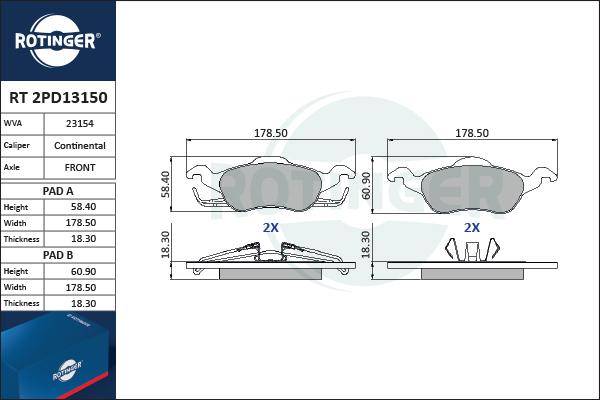 Rotinger RT 2PD13150 - Тормозные колодки, дисковые, комплект unicars.by