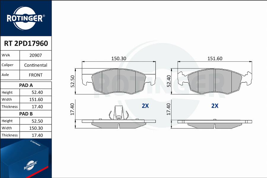 Rotinger RT 2PD17960 - Тормозные колодки, дисковые, комплект unicars.by