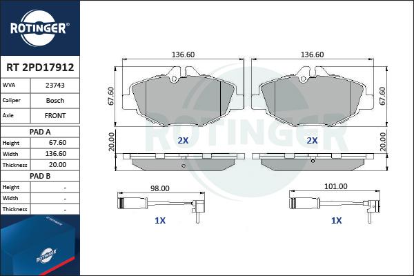 Rotinger RT 2PD17912 - Тормозные колодки, дисковые, комплект unicars.by