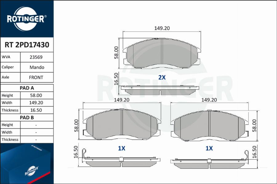 Rotinger RT 2PD17430 - Тормозные колодки, дисковые, комплект unicars.by