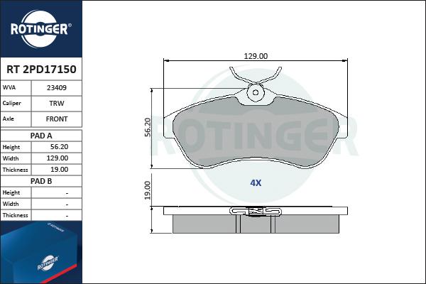 Rotinger RT 2PD17150 - Тормозные колодки, дисковые, комплект unicars.by