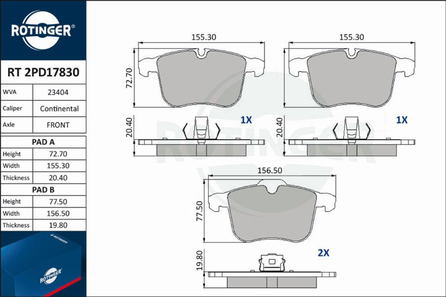 Rotinger RT 2PD17830 - Тормозные колодки, дисковые, комплект unicars.by