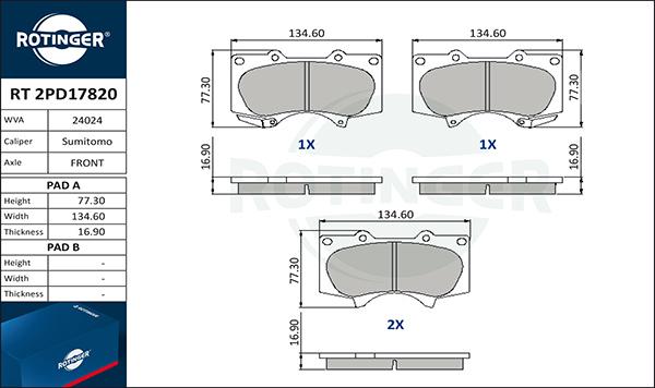 Rotinger RT 2PD17820 - Тормозные колодки, дисковые, комплект unicars.by