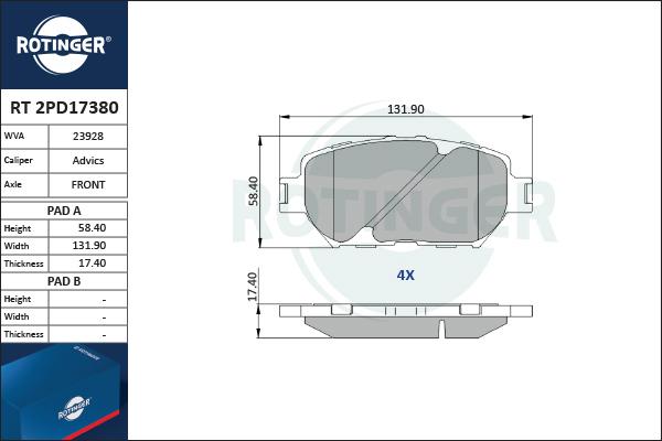 Rotinger RT 2PD17380 - Тормозные колодки, дисковые, комплект unicars.by