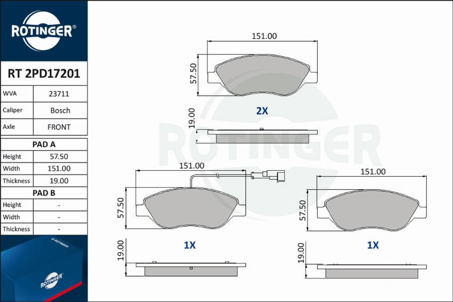 Rotinger RT 2PD17201 - Тормозные колодки, дисковые, комплект unicars.by