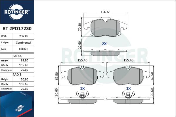 Rotinger RT 2PD17230 - Тормозные колодки, дисковые, комплект unicars.by