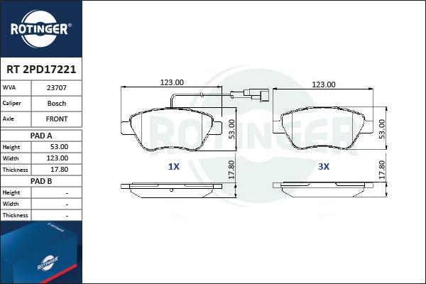 Rotinger RT 2PD17221 - Тормозные колодки, дисковые, комплект unicars.by