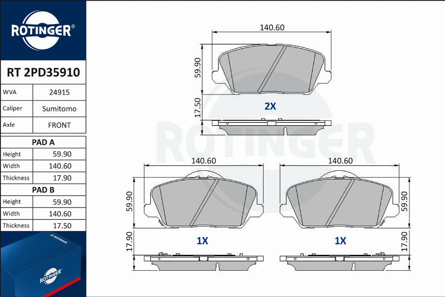 Rotinger RT 2PD35910 - Тормозные колодки, дисковые, комплект unicars.by