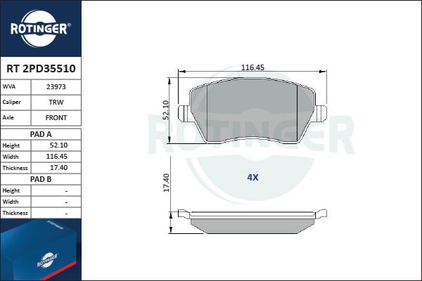 Rotinger RT 2PD35510 - Тормозные колодки, дисковые, комплект unicars.by