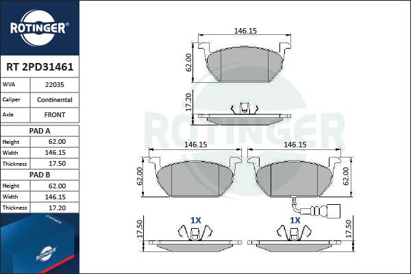 Rotinger RT 2PD31461 - Тормозные колодки, дисковые, комплект unicars.by