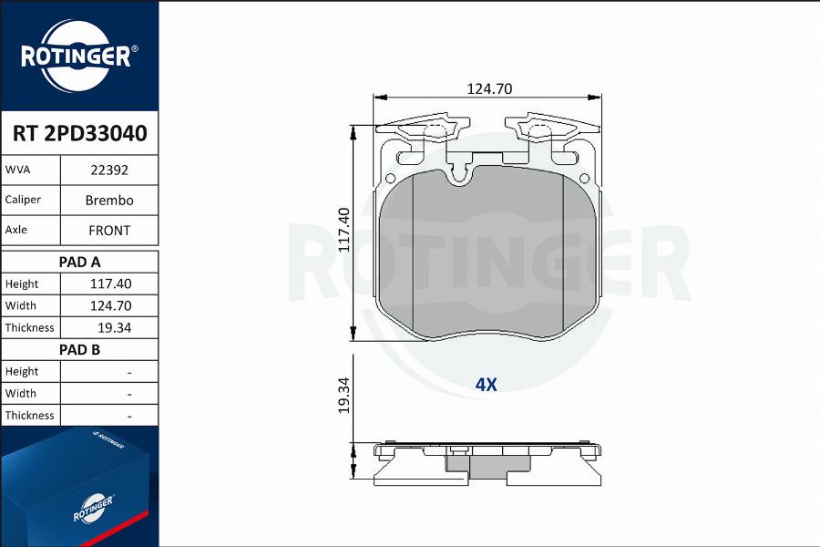 Rotinger RT 2PD33040 - Тормозные колодки, дисковые, комплект unicars.by