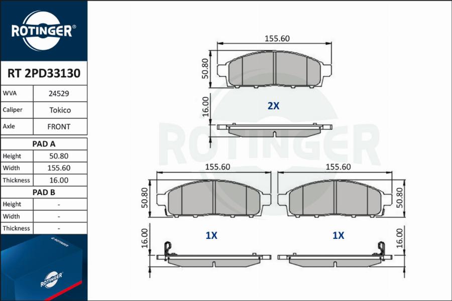 Rotinger RT 2PD33130 - Тормозные колодки, дисковые, комплект unicars.by