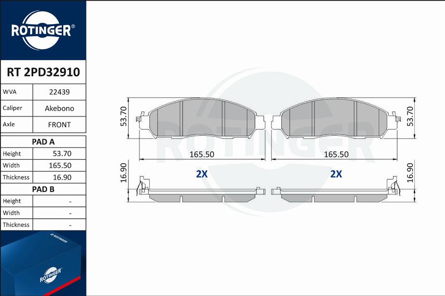 Rotinger RT 2PD32910 - Тормозные колодки, дисковые, комплект unicars.by