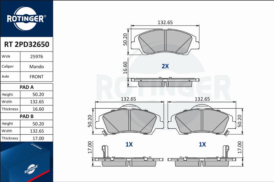 Rotinger RT 2PD32650 - Тормозные колодки, дисковые, комплект unicars.by