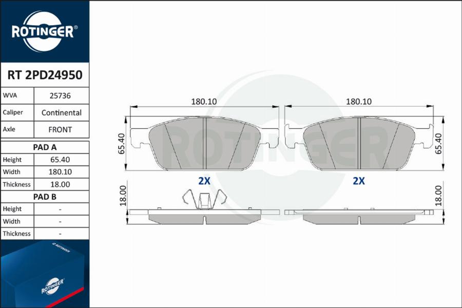 Rotinger RT 2PD24950 - Тормозные колодки, дисковые, комплект unicars.by