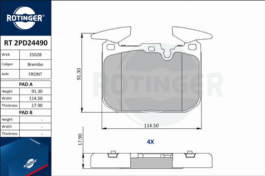 Rotinger RT 2PD24490 - Тормозные колодки, дисковые, комплект unicars.by