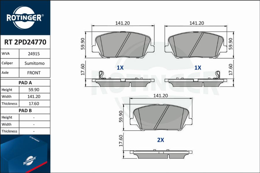 Rotinger RT 2PD24770 - Тормозные колодки, дисковые, комплект unicars.by