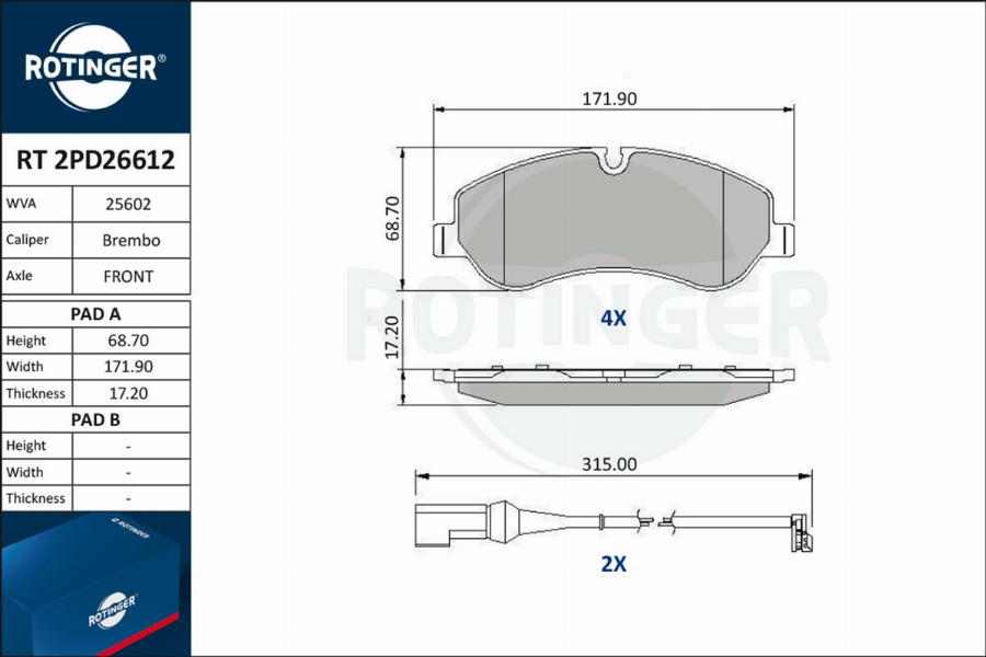 Rotinger RT 2PD26612 - Тормозные колодки, дисковые, комплект unicars.by