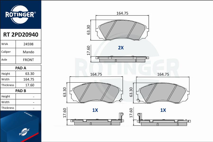 Rotinger RT 2PD20940 - Тормозные колодки, дисковые, комплект unicars.by