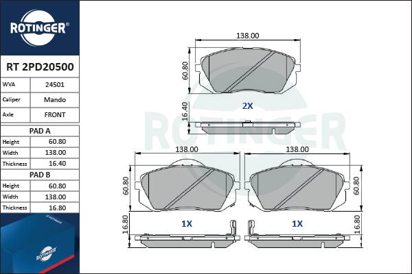 Rotinger RT 2PD20500 - Тормозные колодки, дисковые, комплект unicars.by