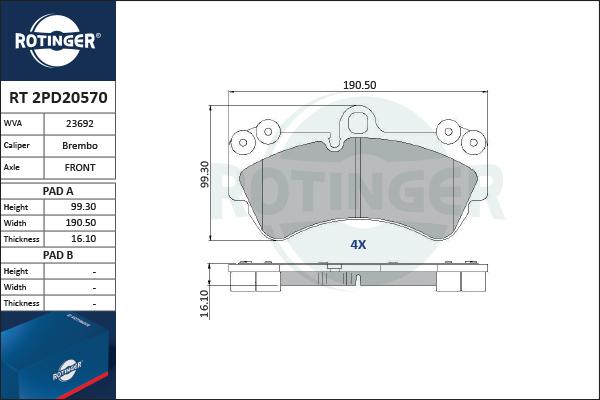 Rotinger RT 2PD20570 - Тормозные колодки, дисковые, комплект unicars.by