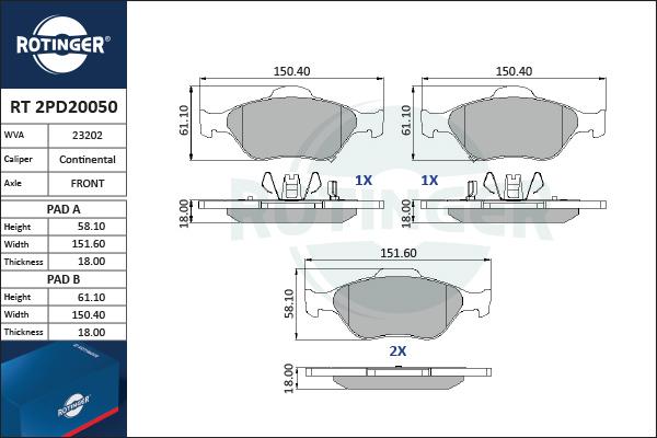 Rotinger RT 2PD20050 - Тормозные колодки, дисковые, комплект unicars.by