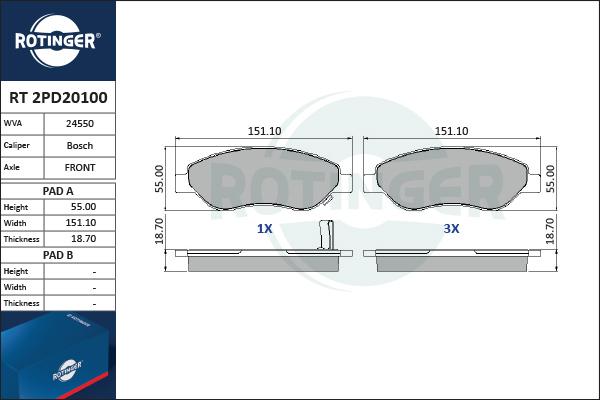 Rotinger RT 2PD20100 - Тормозные колодки, дисковые, комплект unicars.by