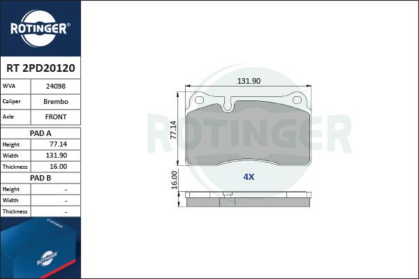 Rotinger RT 2PD20120 - Тормозные колодки, дисковые, комплект unicars.by