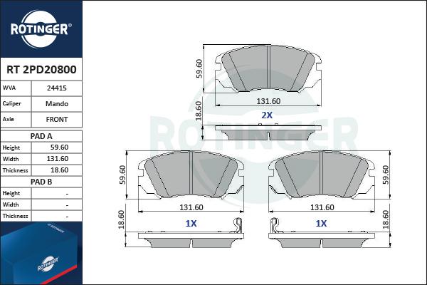 Rotinger RT 2PD20800 - Тормозные колодки, дисковые, комплект unicars.by