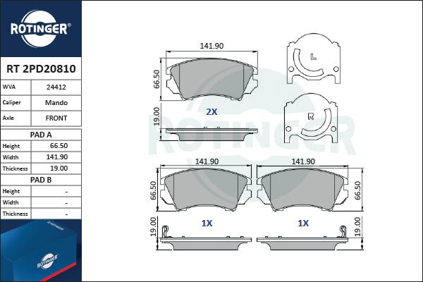 Rotinger RT 2PD20810 - Тормозные колодки, дисковые, комплект unicars.by