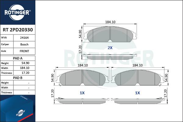 Rotinger RT 2PD20330 - Тормозные колодки, дисковые, комплект unicars.by