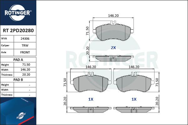 Rotinger RT 2PD20280 - Тормозные колодки, дисковые, комплект unicars.by