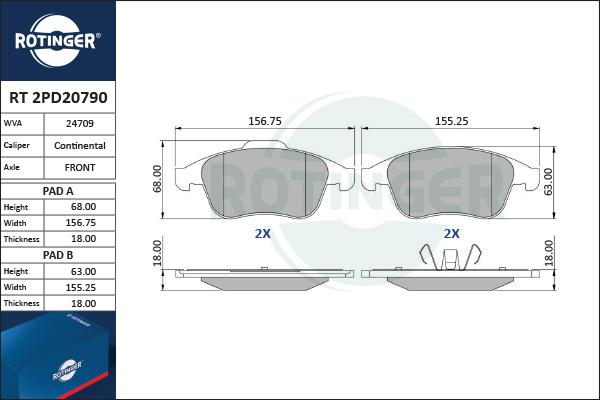 Rotinger RT 2PD20790 - Тормозные колодки, дисковые, комплект unicars.by