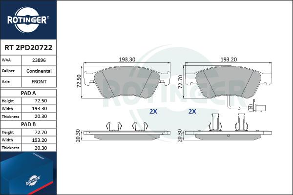 Rotinger RT 2PD20722 - Тормозные колодки, дисковые, комплект unicars.by