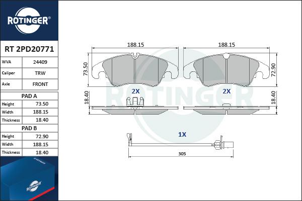 Rotinger RT 2PD20771 - Тормозные колодки, дисковые, комплект unicars.by