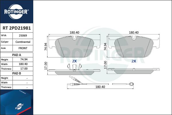 Rotinger RT 2PD21981 - Тормозные колодки, дисковые, комплект unicars.by